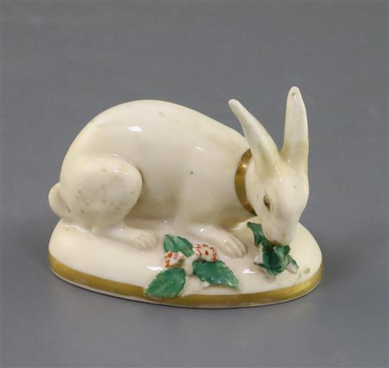 A Rockingham porcelain figure of a rabbit, c.1830, L. 7cm, restored